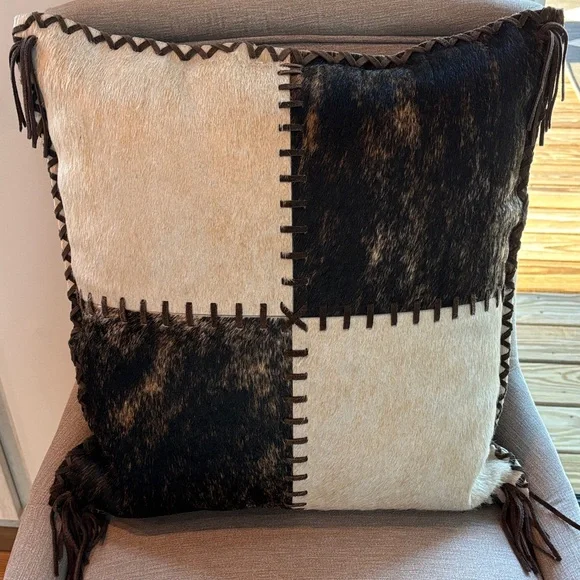 YKK 100% Real Cowhide Reversible Patchwork Accent Pillow Cover - Picture 2 of 11